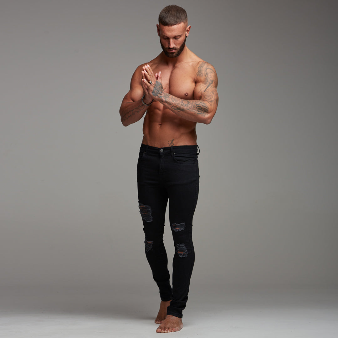 Distressed Ripped Slim Stretch Black Jeans - FSH168