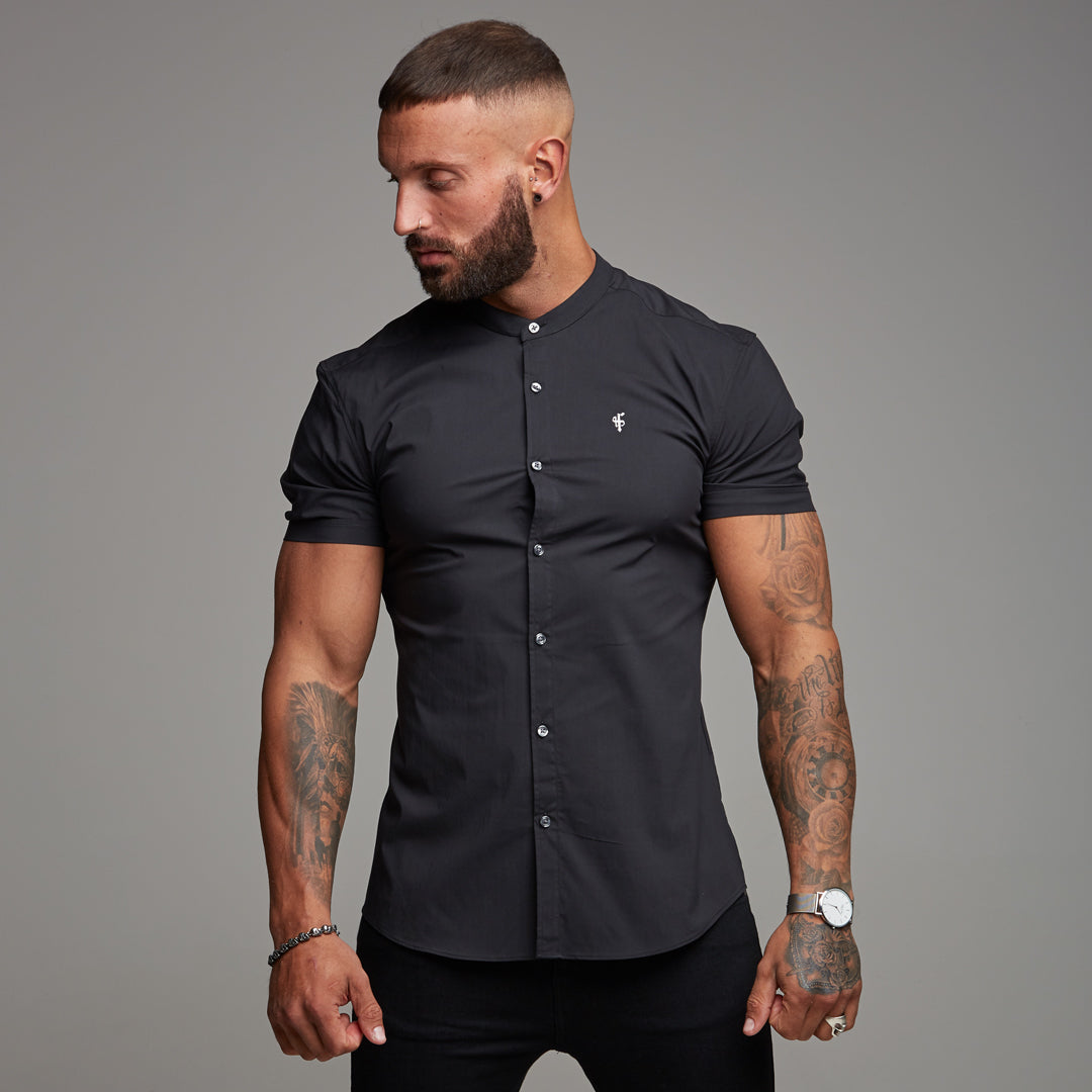 Super Slim Stretch Classic Black Grandad Collar Short Sleeve - FS173
