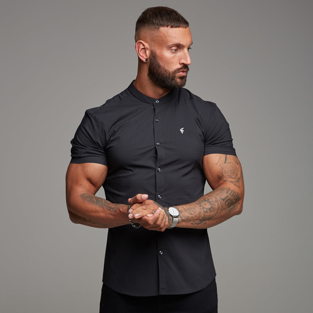 Super Slim Stretch Classic Black Grandad Collar Short Sleeve - FS173
