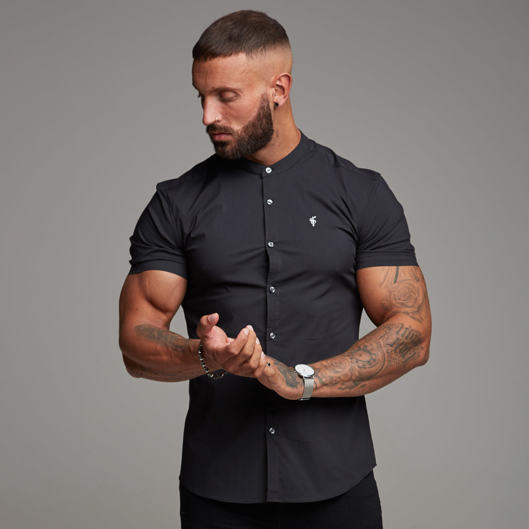 Super Slim Stretch Classic Black Grandad Collar Short Sleeve - FS173