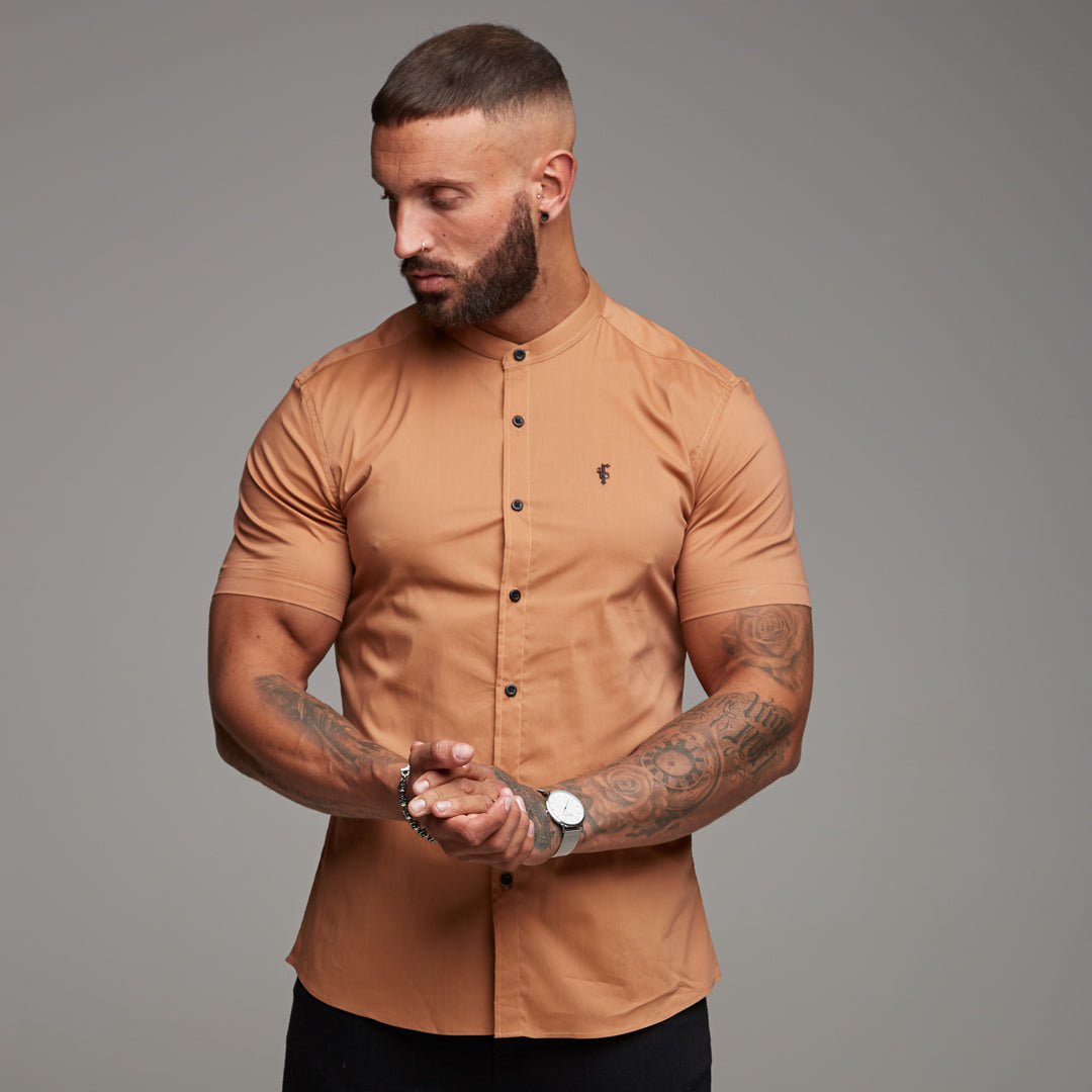 Super Slim Stretch Classic Tan Grandad Collar Short Sleeve - FS287 (LAST CHANCE)