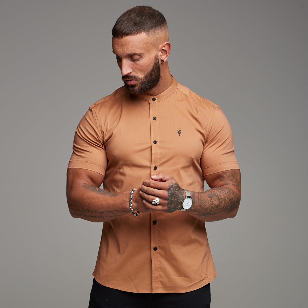 Super Slim Stretch Classic Tan Grandad Collar Short Sleeve - FS287 (LAST CHANCE)