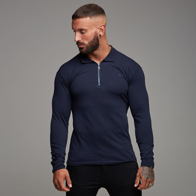 Father Sons Classic Navy Zipped Polo Long Sleeve Shirt - FSH024