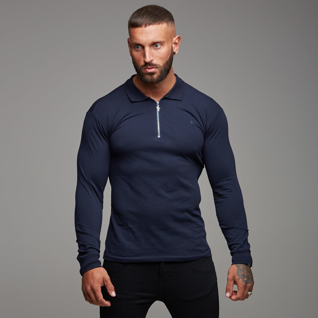 Classic Navy Zipped Polo Long Sleeve Shirt - FSH024
