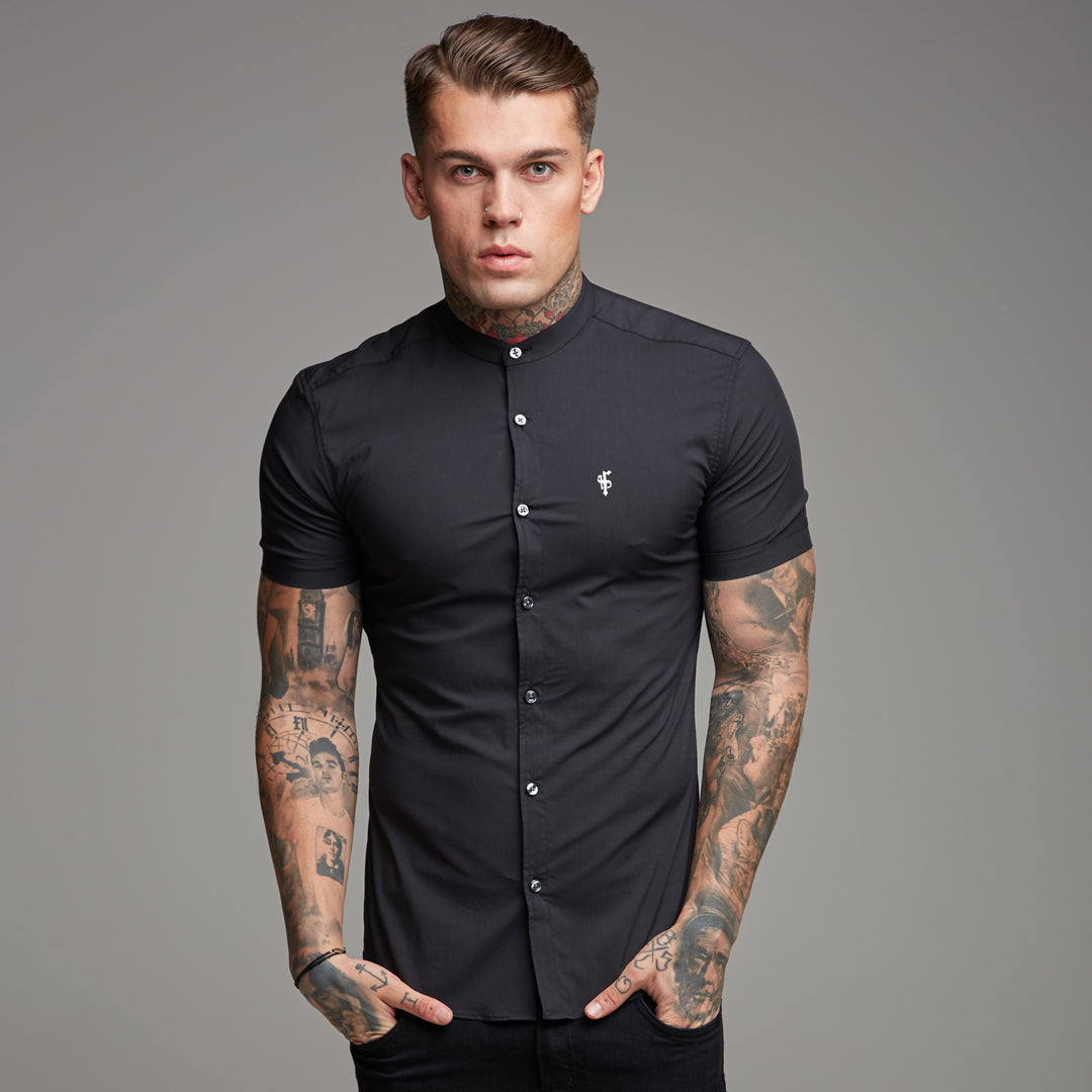 Super Slim Stretch Classic Black Grandad Collar Short Sleeve - FS173