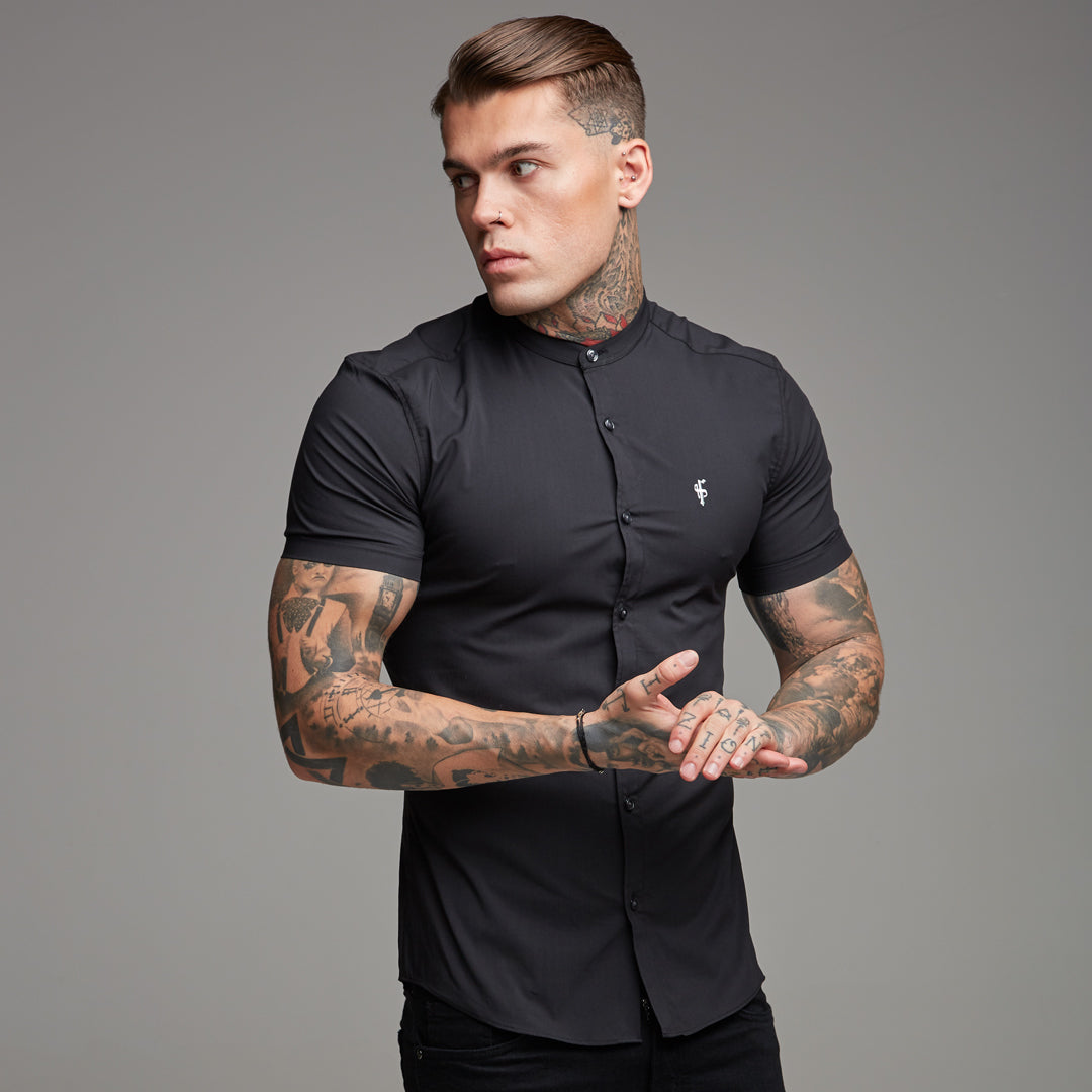 Super Slim Stretch Classic Black Grandad Collar Short Sleeve - FS173