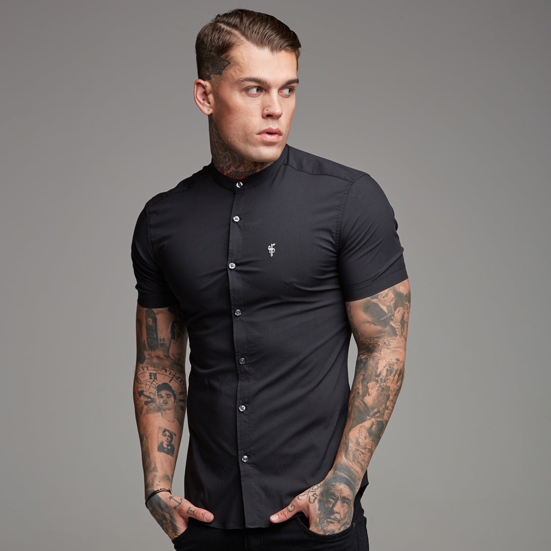 Super Slim Stretch Classic Black Grandad Collar Short Sleeve - FS173