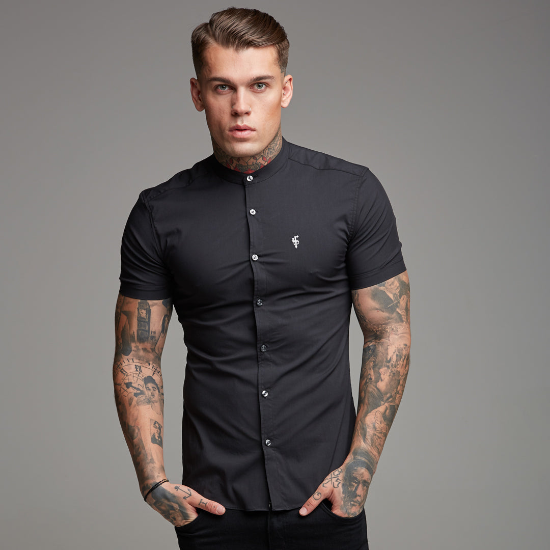 Super Slim Stretch Classic Black Grandad Collar Short Sleeve - FS173
