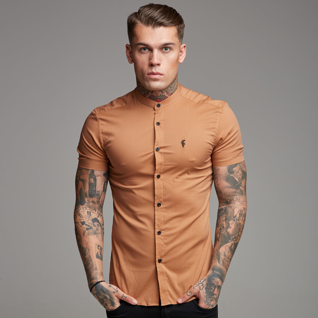 Super Slim Stretch Classic Tan Grandad Collar Short Sleeve - FS287 (LAST CHANCE)