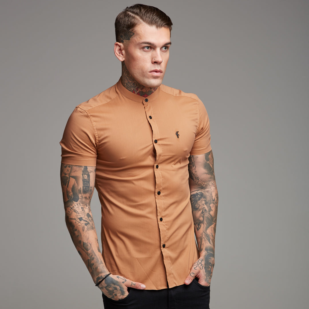 Super Slim Stretch Classic Tan Grandad Collar Short Sleeve - FS287 (LAST CHANCE)