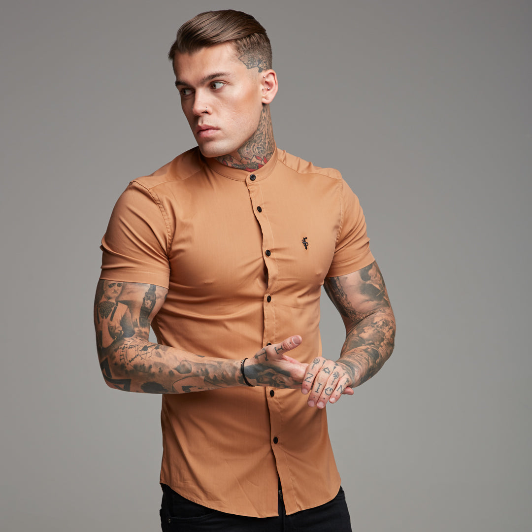Super Slim Stretch Classic Tan Grandad Collar Short Sleeve - FS287 (LAST CHANCE)