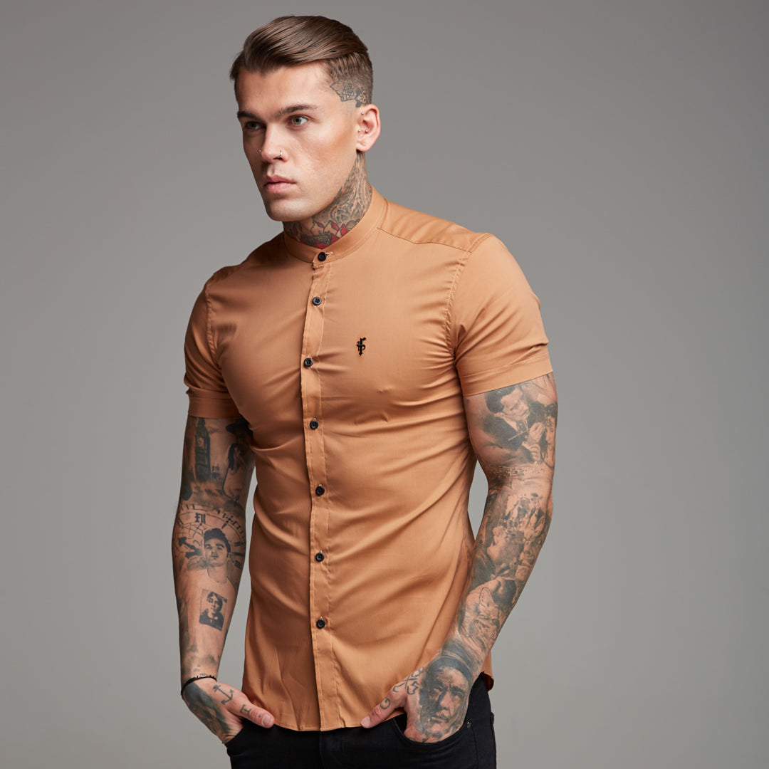 Super Slim Stretch Classic Tan Grandad Collar Short Sleeve - FS287 (LAST CHANCE)