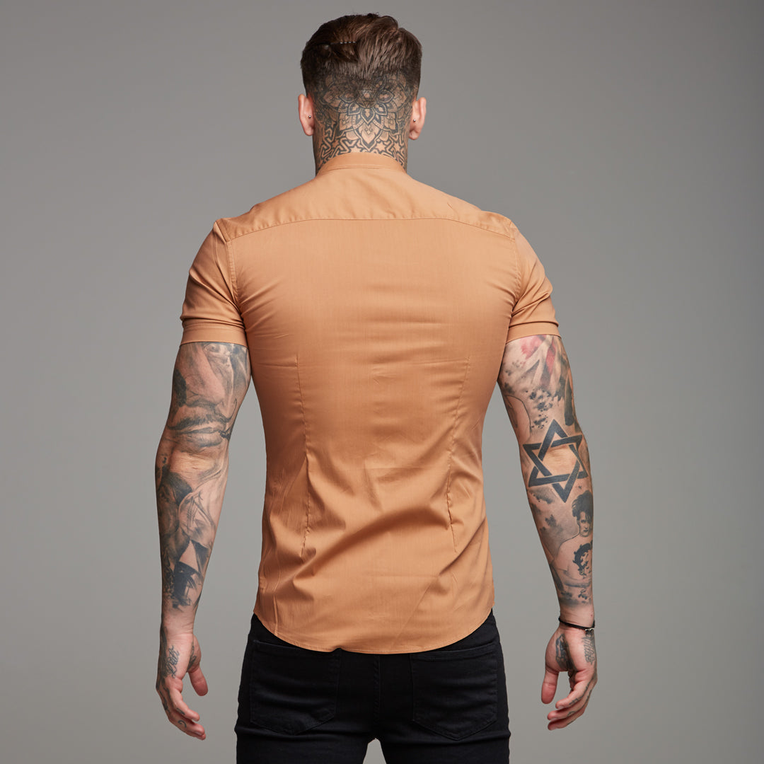 Super Slim Stretch Classic Tan Grandad Collar Short Sleeve - FS287 (LAST CHANCE)