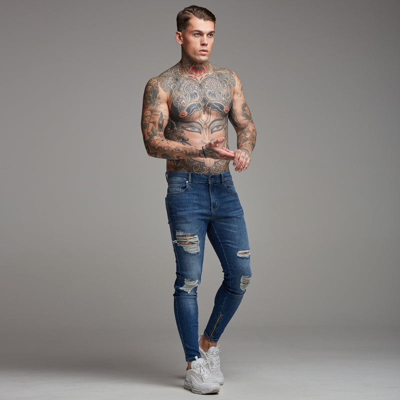 Father Sons Zipped Ankle Distressed Ripped Slim Stretch Blue Jeans - FSH180 / FSH213