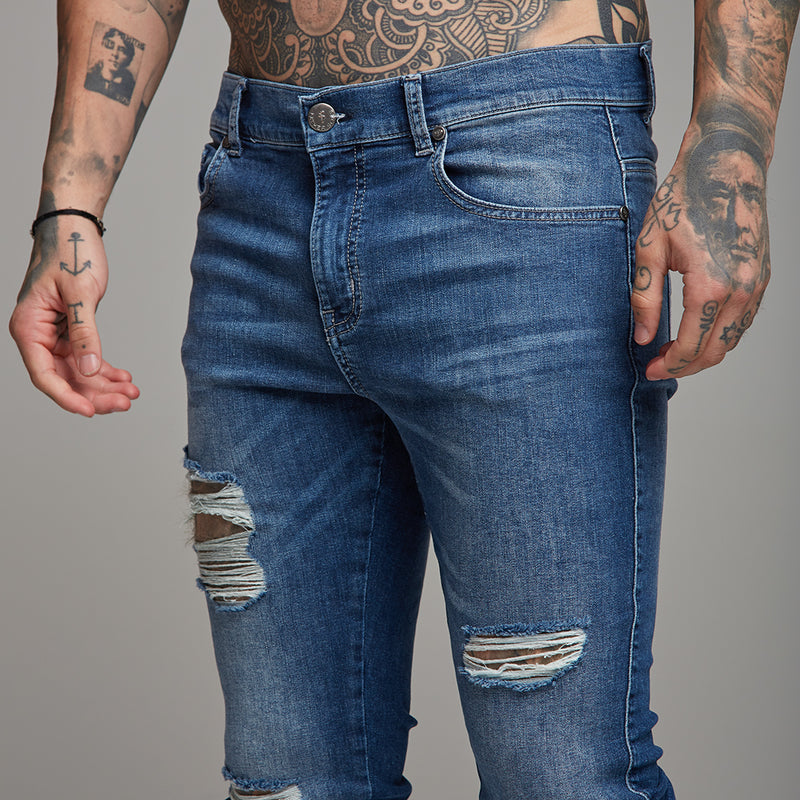 Father Sons Zipped Ankle Distressed Ripped Slim Stretch Blue Jeans - FSH180 / FSH213