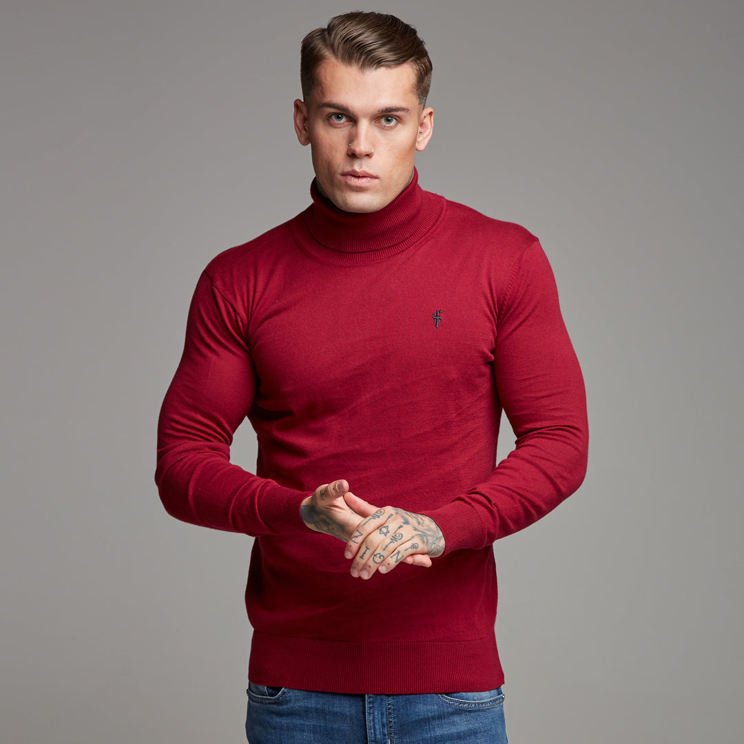 Classic Red Roll Neck Knitted Jumper (Charcoal Emblem) - FSH086 (LAST CHANCE)