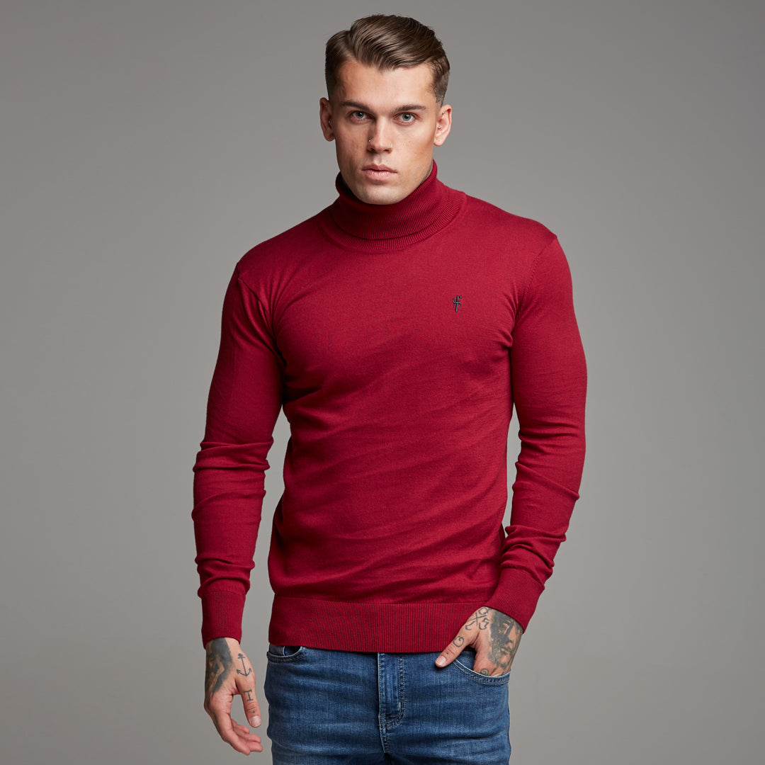 Classic Red Roll Neck Knitted Jumper (Charcoal Emblem) - FSH086 (LAST CHANCE)