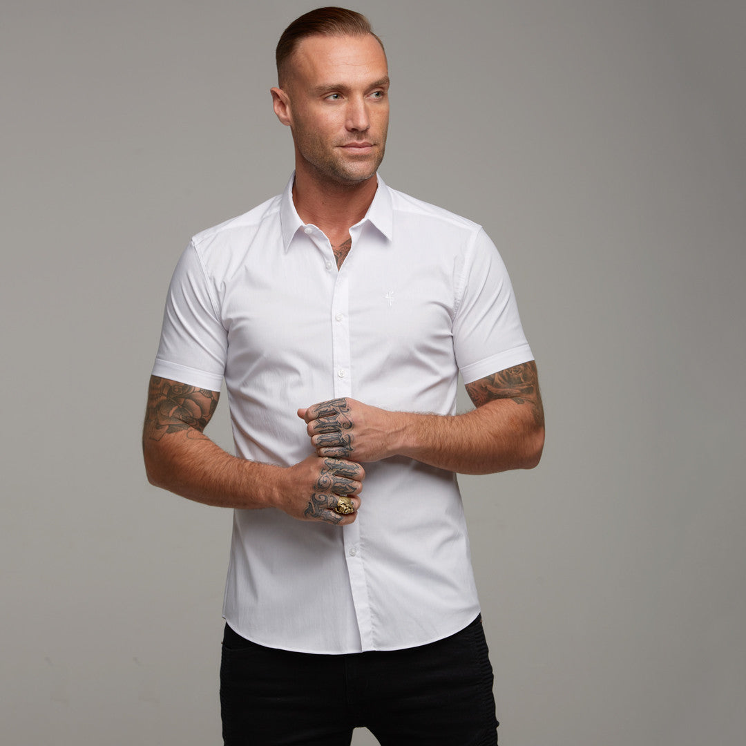 Super Slim Stretch Classic White Short Sleeve (White Embroidery) - FS219