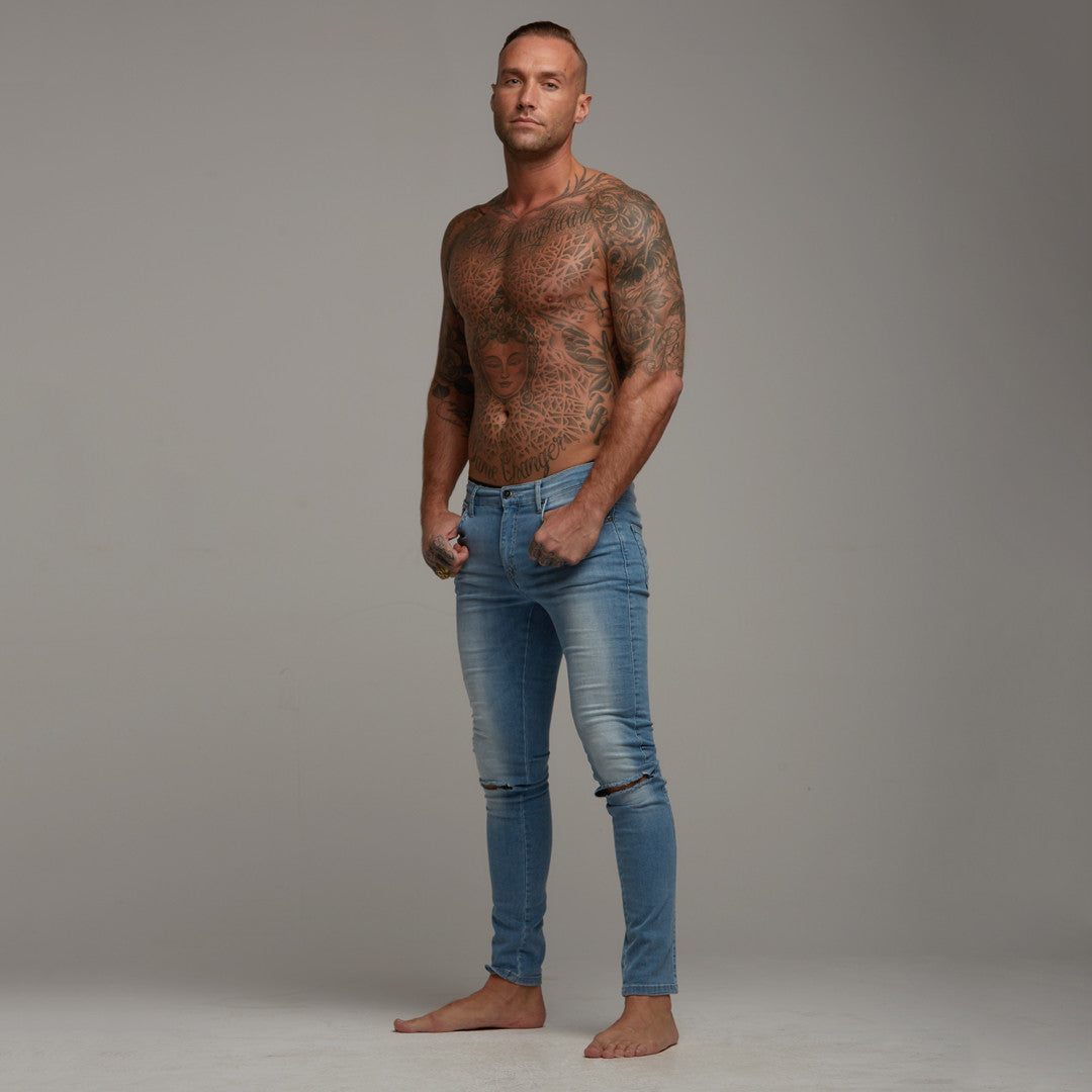 Ripped Slim Stretch Light Blue Jeans - FSH103