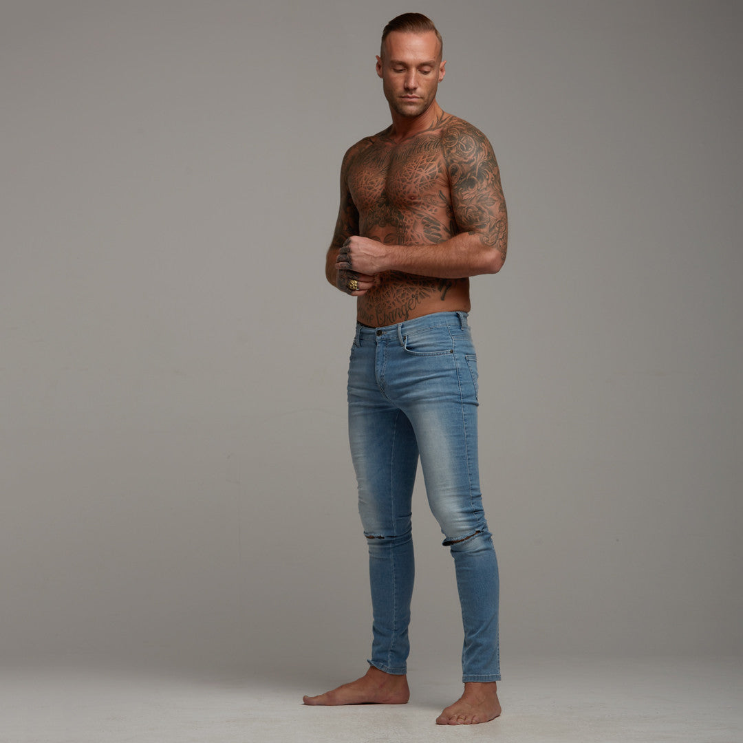 Ripped Slim Stretch Light Blue Jeans - FSH103