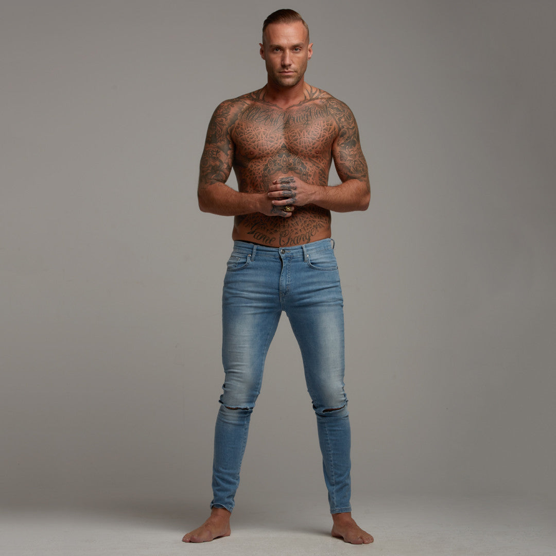 Ripped Slim Stretch Light Blue Jeans - FSH103