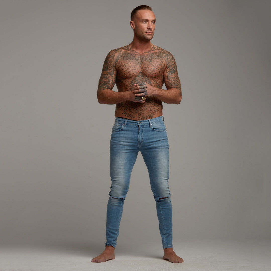 Ripped Slim Stretch Light Blue Jeans - FSH103
