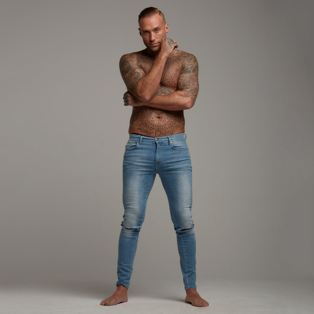 Ripped Slim Stretch Light Blue Jeans - FSH103