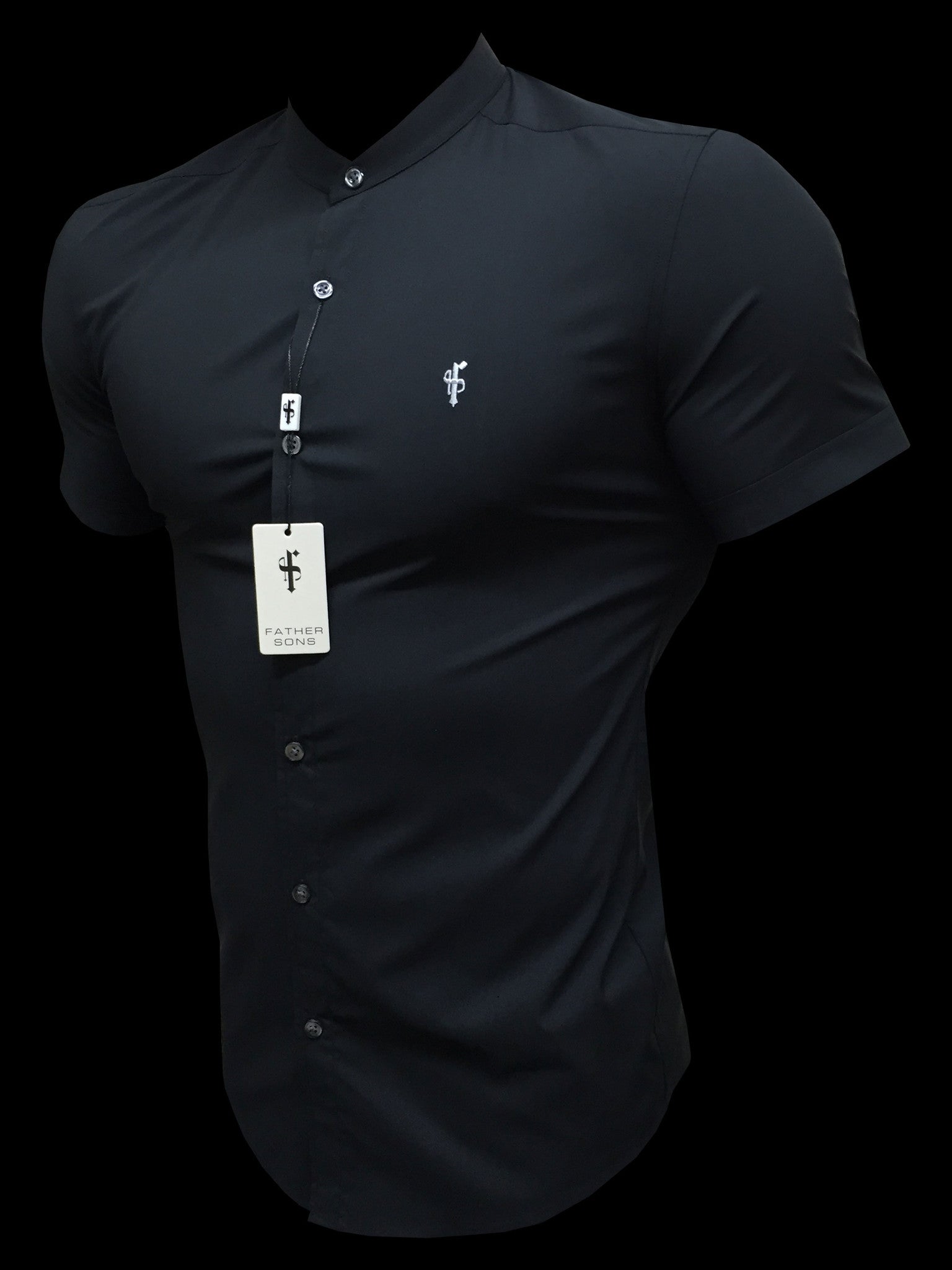Super Slim Stretch Classic Black Grandad Collar Short Sleeve - FS173