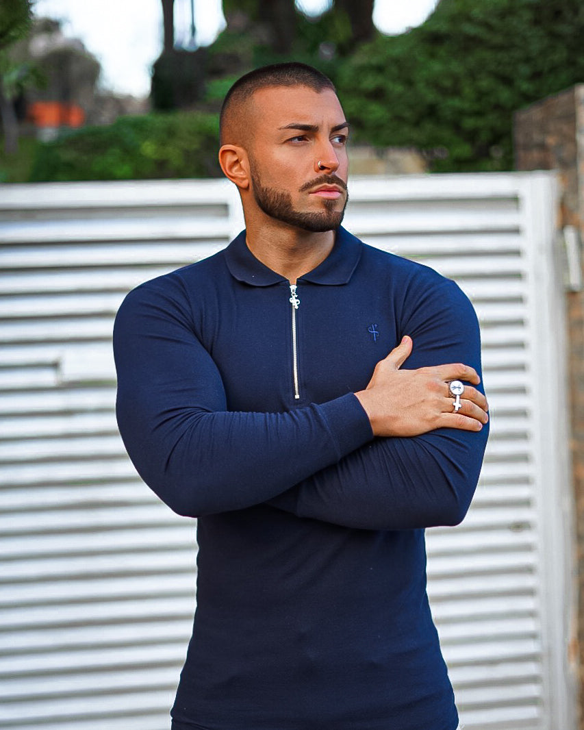 Classic Navy Zipped Polo Long Sleeve Shirt - FSH024