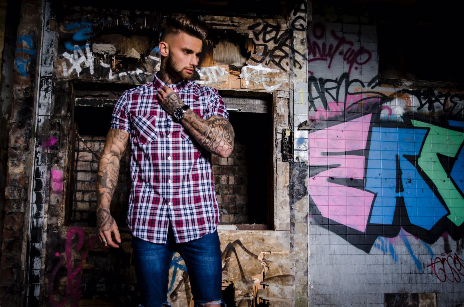 Navy, White & Red Check Short Sleeve Shirt  - FS187 (LAST CHANCE)