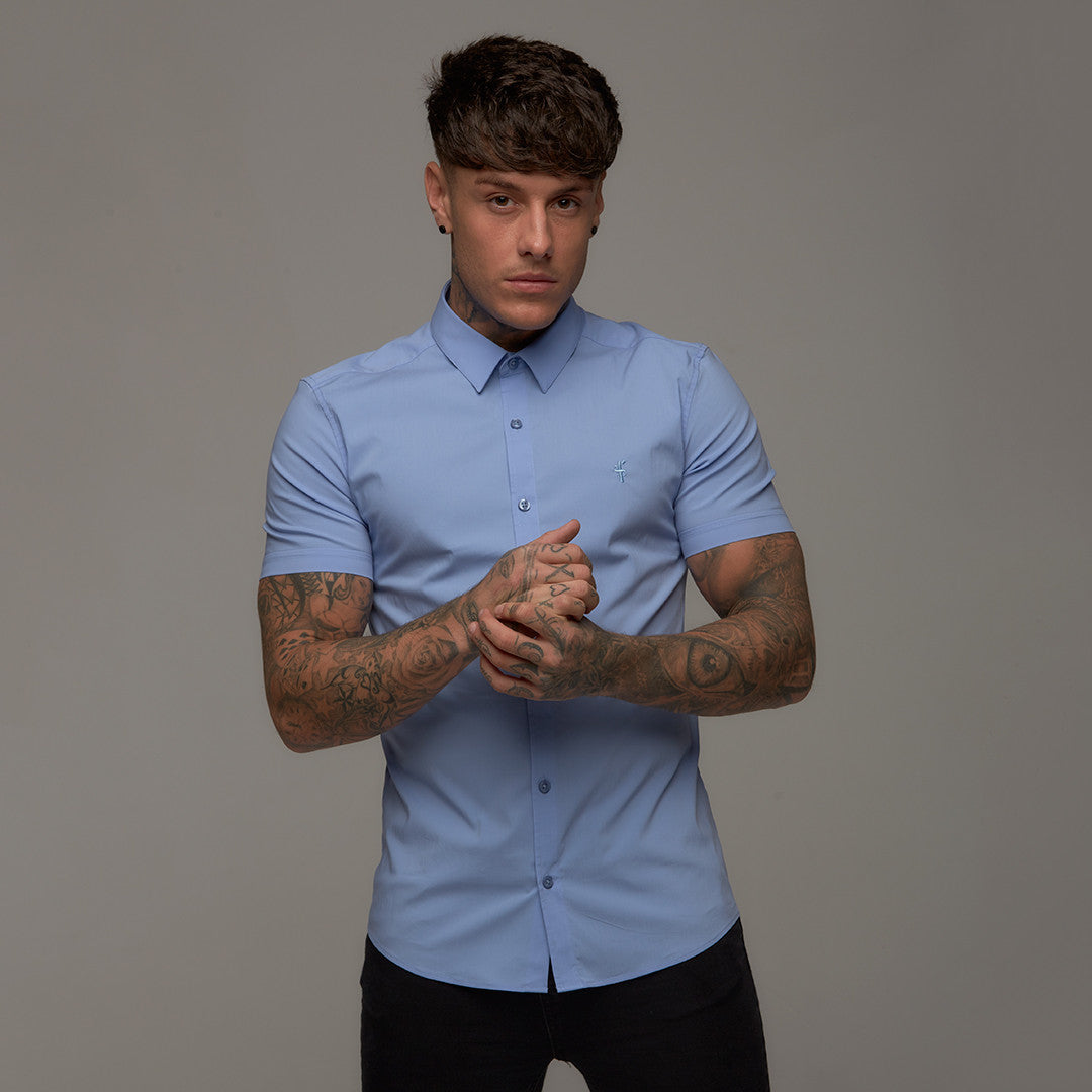 Super Slim Stretch Classic Light Blue Short Sleeve (Blue Embroidery) - FS221 (LAST CHANCE)