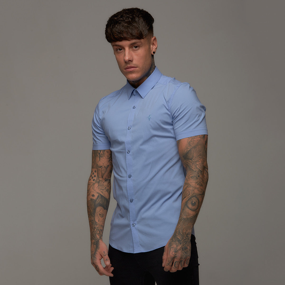 Super Slim Stretch Classic Light Blue Short Sleeve (Blue Embroidery) - FS221 (LAST CHANCE)