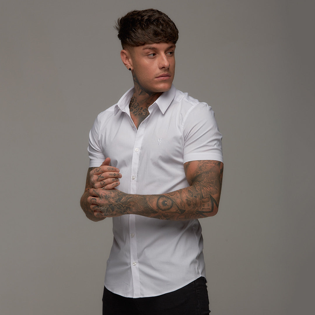 Super Slim Stretch Classic White Short Sleeve (White Embroidery) - FS219