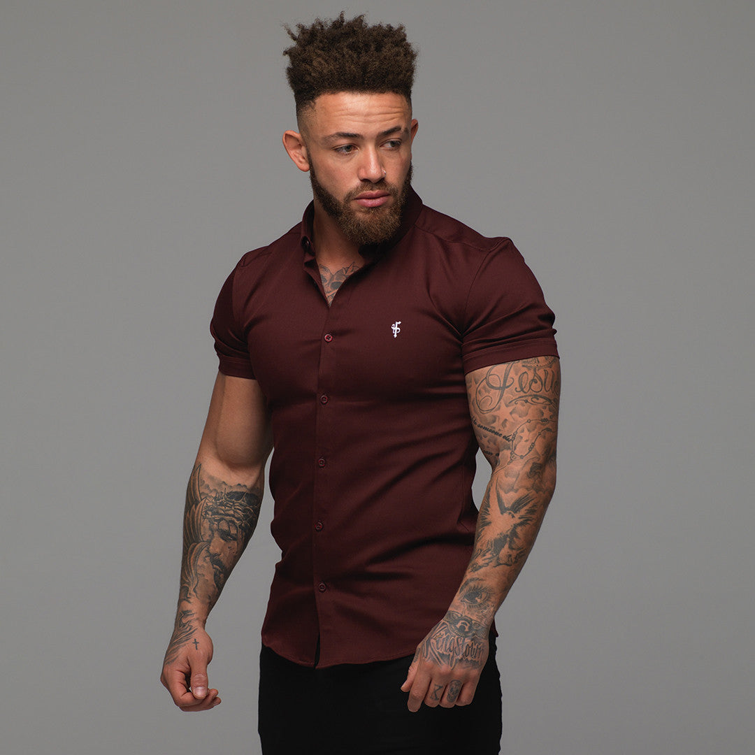 Super Slim Stretch Burgundy Denim Short Sleeve - FS204