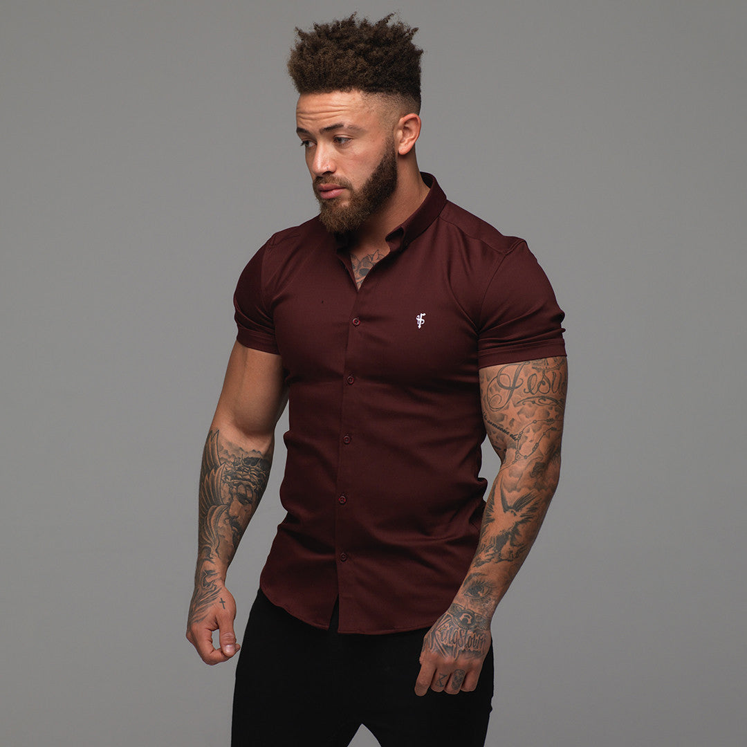 Super Slim Stretch Burgundy Denim Short Sleeve - FS204