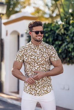 Father Sons Super Slim Stretch White / Gold Scroll Print Short Sleeve with Button Down Collar - FS823