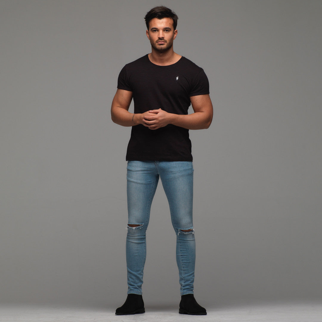 Ripped Slim Stretch Light Blue Jeans - FSH103