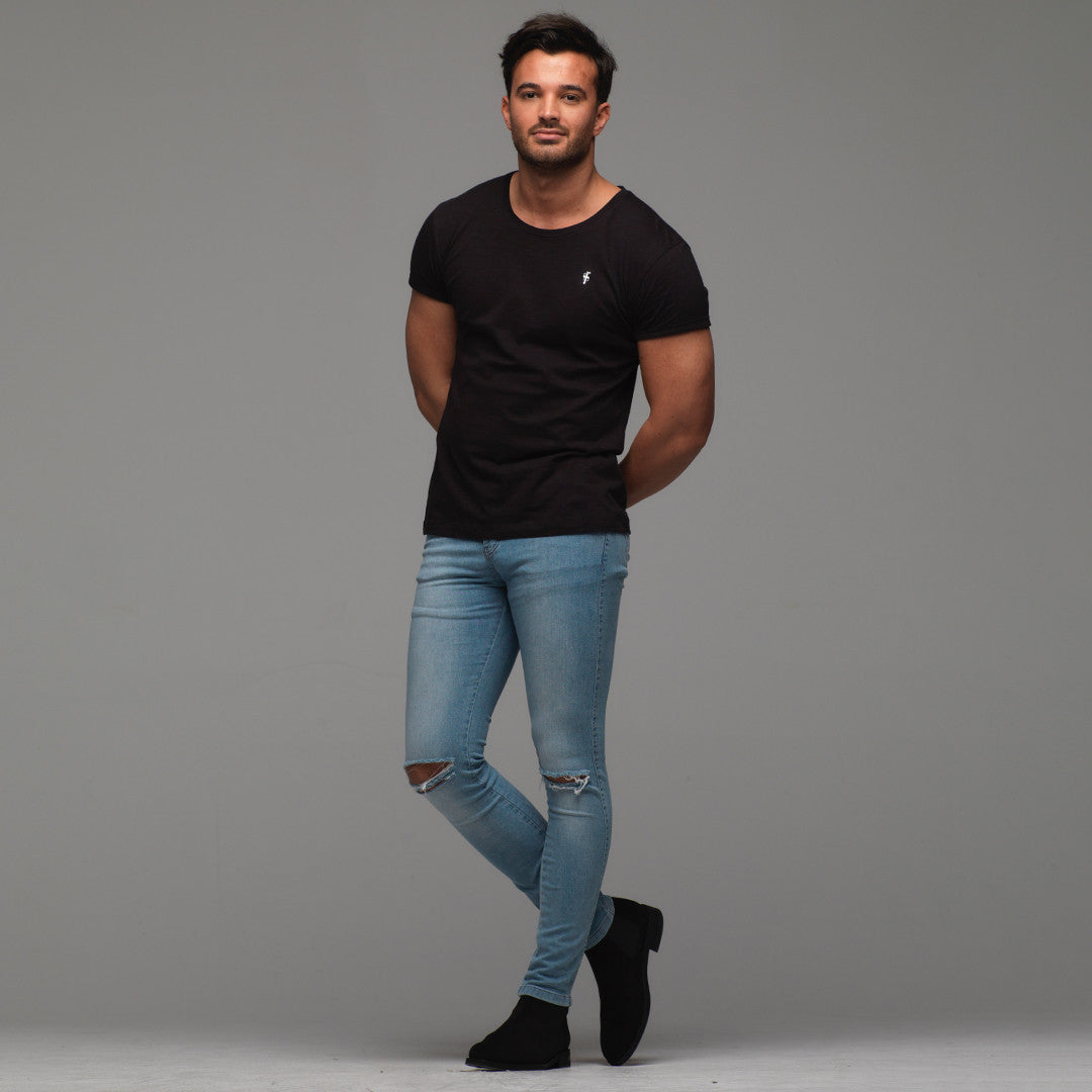 Ripped Slim Stretch Light Blue Jeans - FSH103