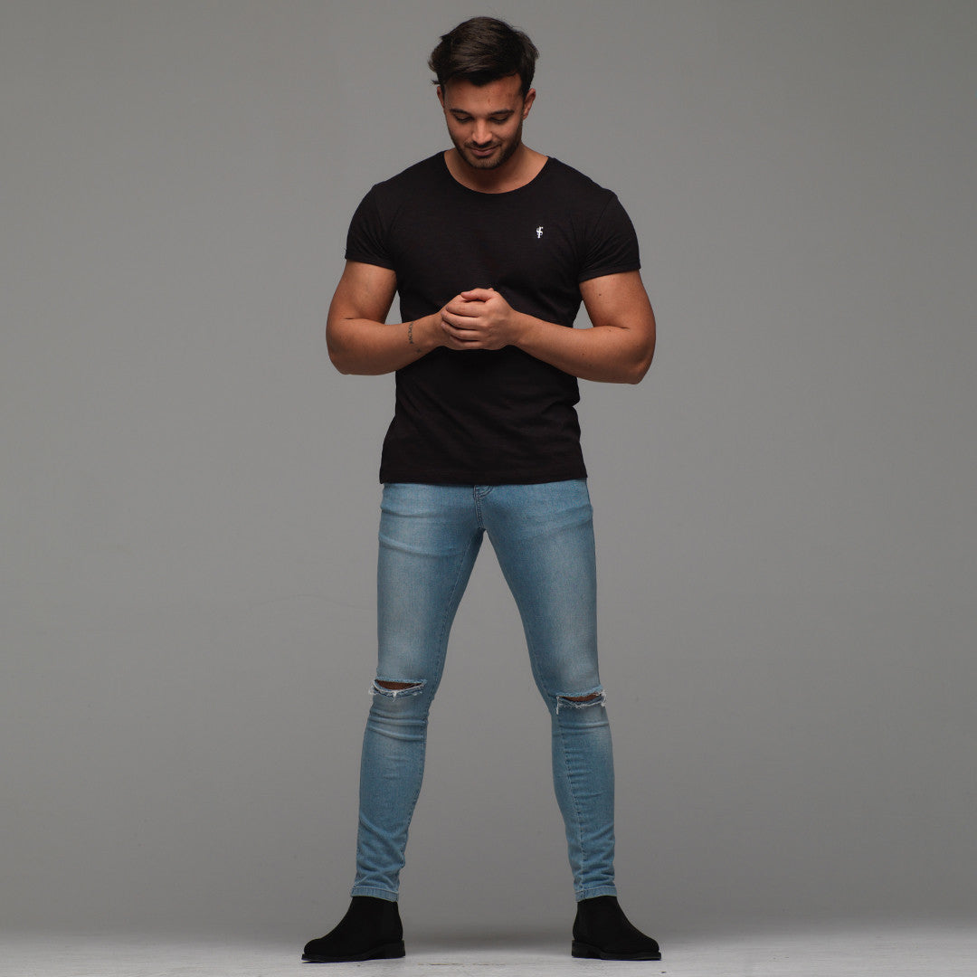 Ripped Slim Stretch Light Blue Jeans - FSH103