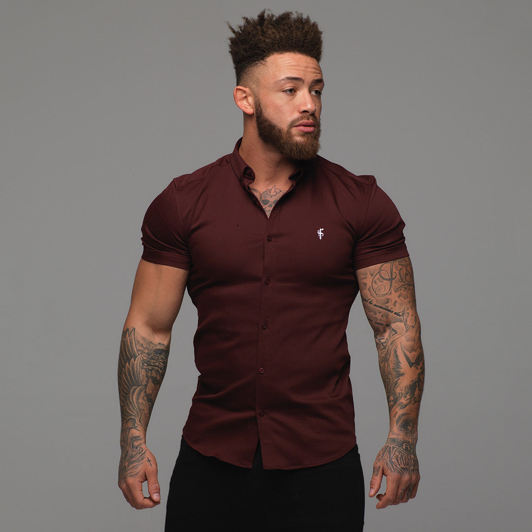 Super Slim Stretch Burgundy Denim Short Sleeve - FS204