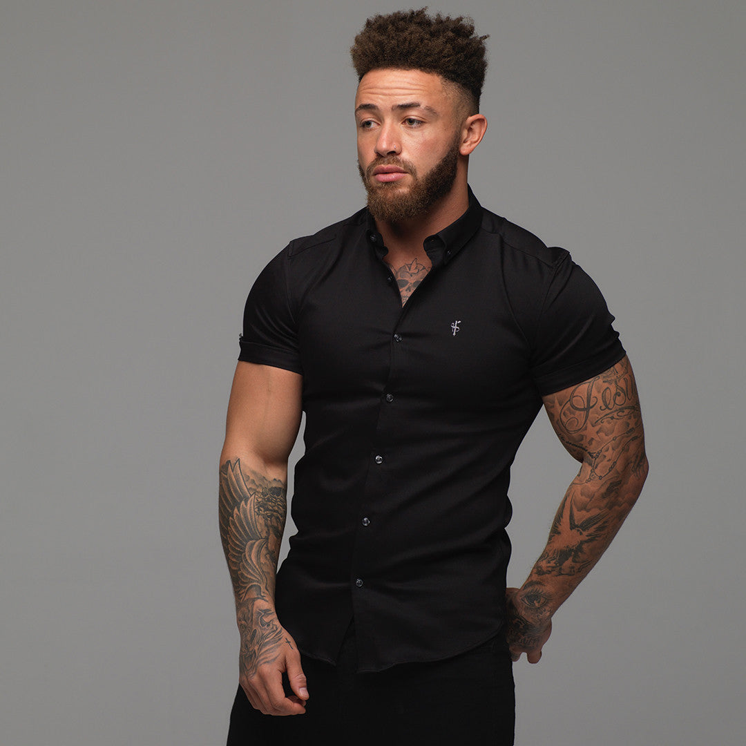 Super Slim Stretch Black Denim Short Sleeve (Grey Emblem) - FS198