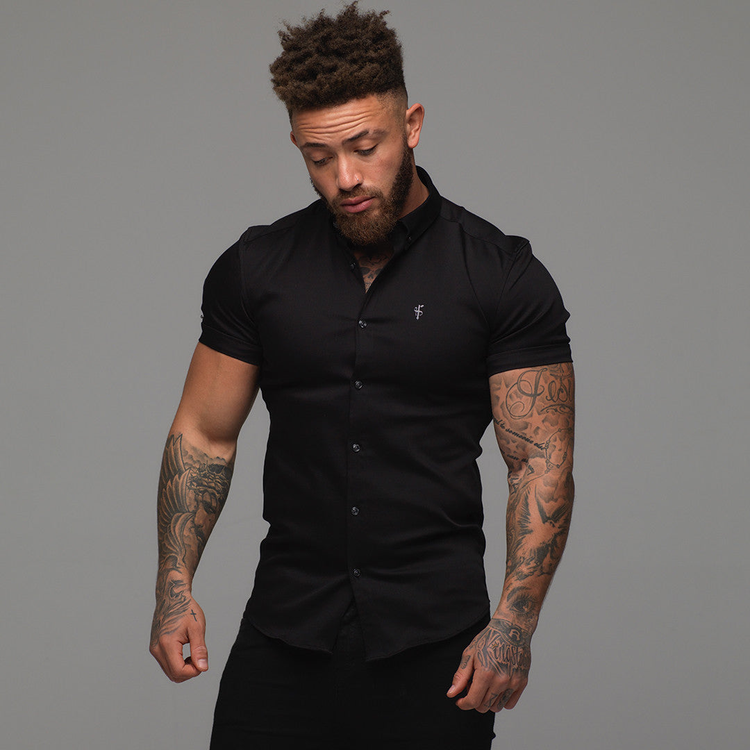 Super Slim Stretch Black Denim Short Sleeve (Grey Emblem) - FS198