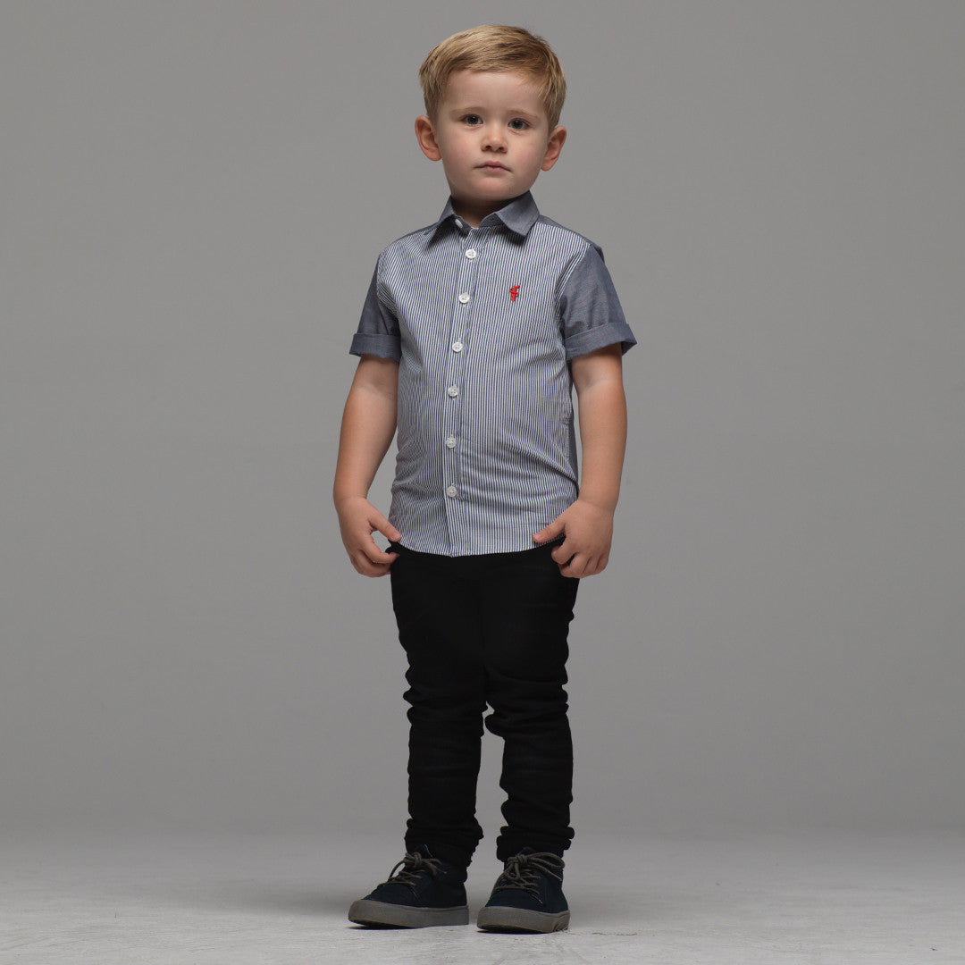 Boys Denim Blue & White Stripe Short Sleeve - FSB012 (LAST CHANCE)