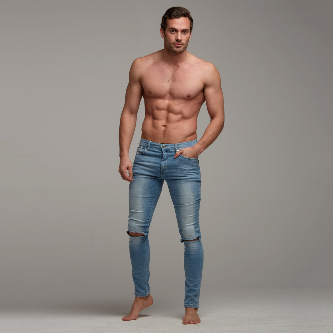Ripped Slim Stretch Light Blue Jeans - FSH103