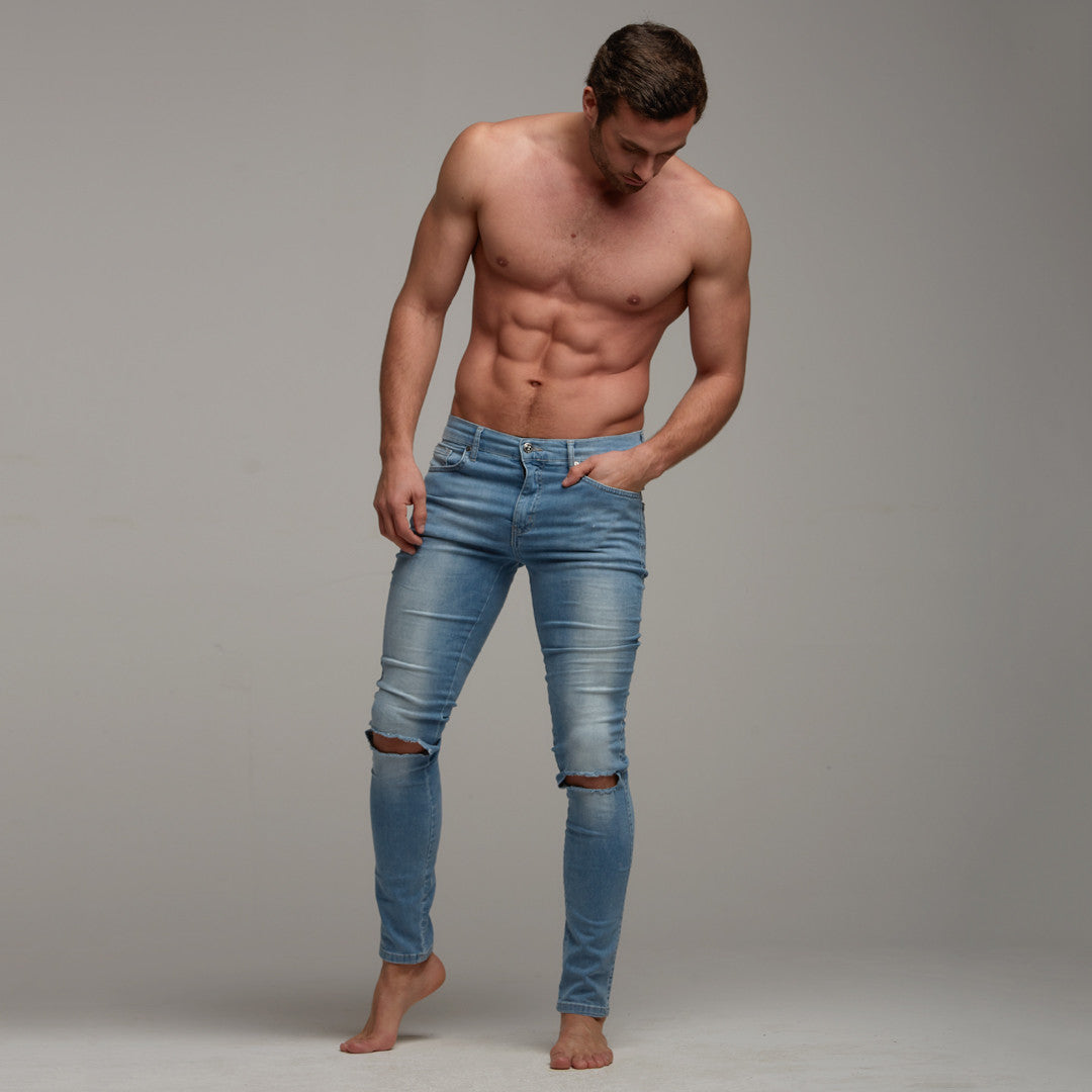 Ripped Slim Stretch Light Blue Jeans - FSH103