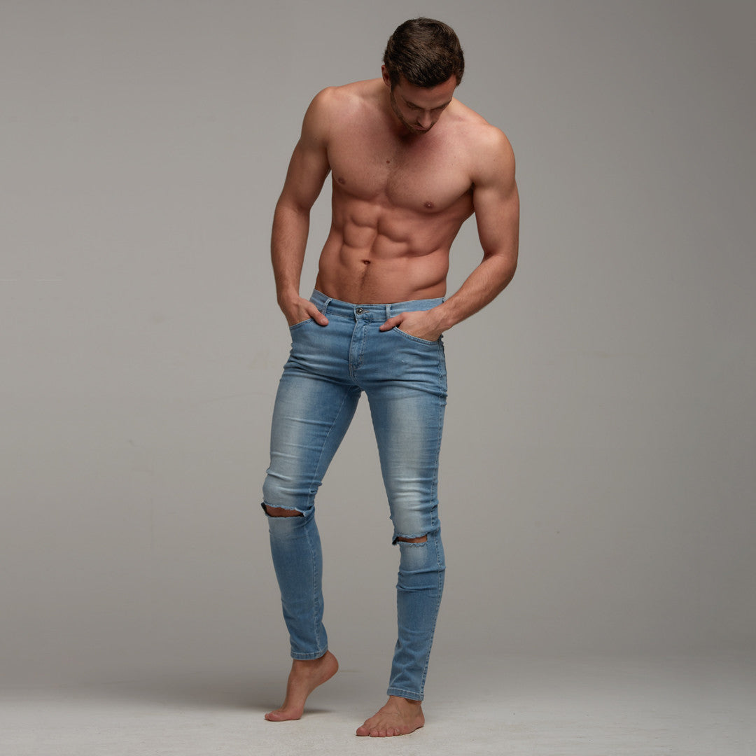 Ripped Slim Stretch Light Blue Jeans - FSH103