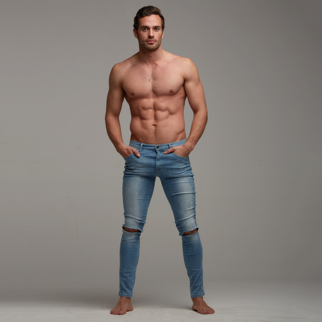 Ripped Slim Stretch Light Blue Jeans - FSH103