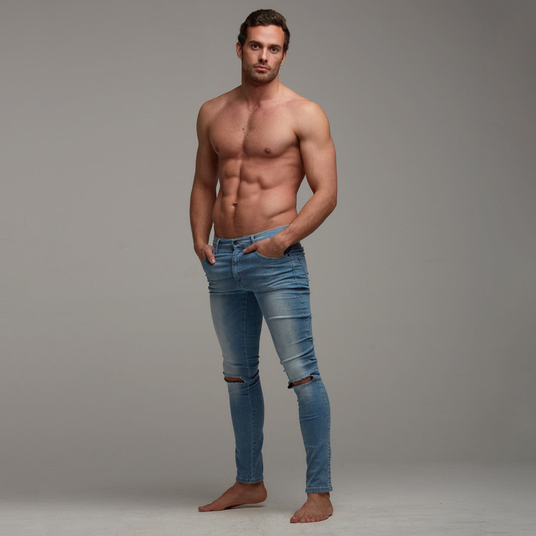 Ripped Slim Stretch Light Blue Jeans - FSH103