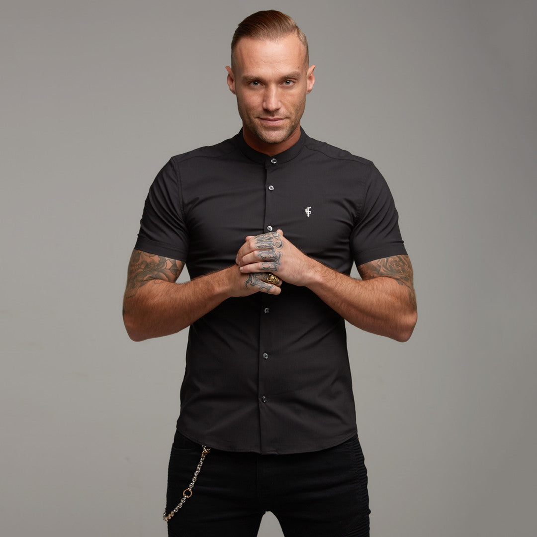 Super Slim Stretch Classic Black Grandad Collar Short Sleeve - FS173