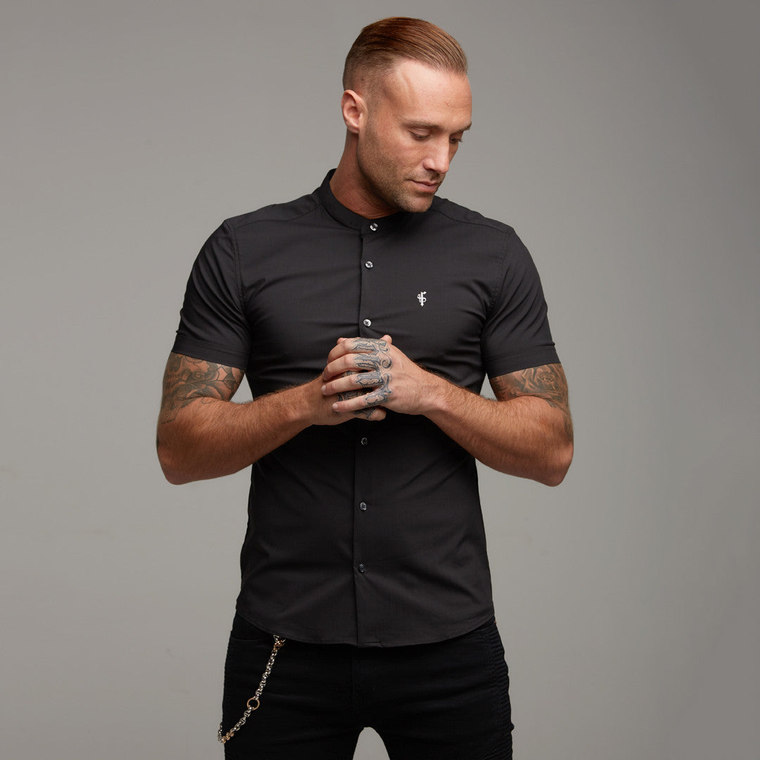 Super Slim Stretch Classic Black Grandad Collar Short Sleeve - FS173